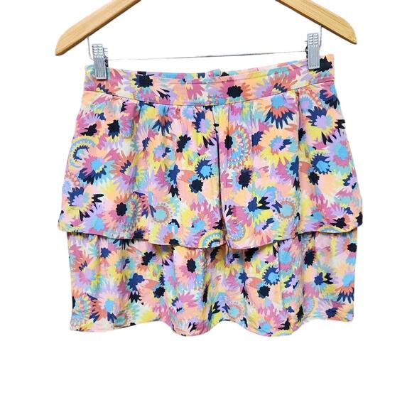 Tibi Tiered Silk Mini Skirt Sz 6 Bright Colorful Floral Coral Fuchsia Yellow - Picture 2 of 9